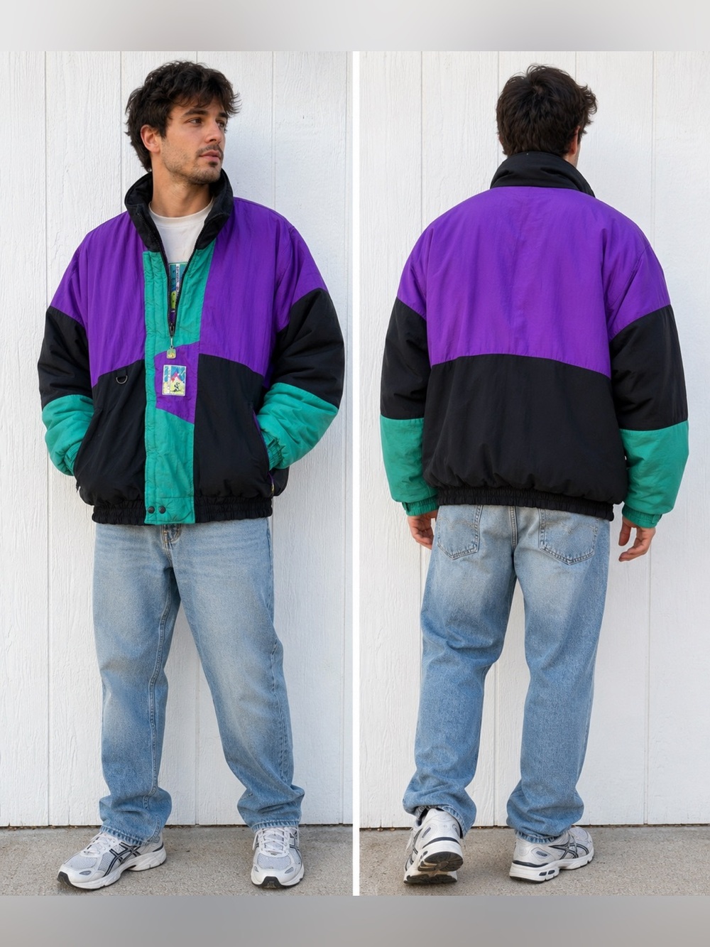 Vintage Steep Slopes Men’s Sz Large Ski Jacket Coat Black Purple Green Retro